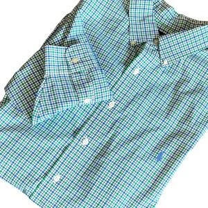 Ralph Lauren Shirt Men's XLT Green & Blue Plaid  100% Cotton Stretch Long Sleeve